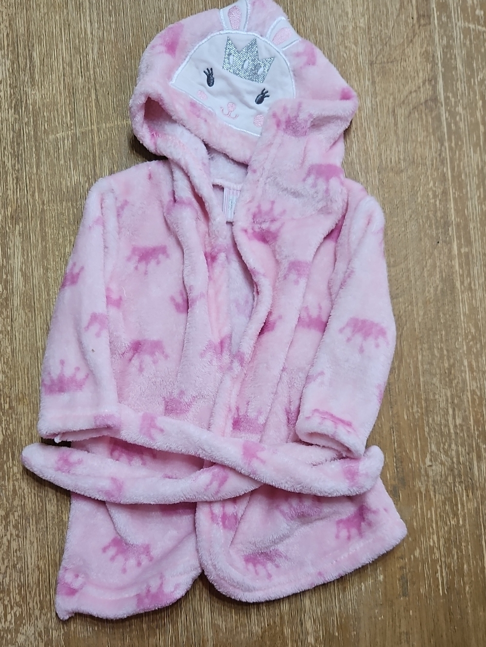 Kids Plush Hooded Pink Princess Robe - Soft Crown Design